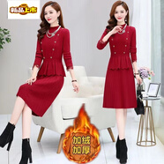 初徑加絨加厚針織兩件套連衣裙女2022秋冬新款中長(cháng)款毛衣套裝打底裙 紅色【全身加絨】 2XL