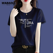 WABAOLI高端品牌 短袖T恤女薄款夏季寬松正肩圓領(lǐng)半袖女士體恤上衣百搭 寶藍色（FUTURA英文） 2XL （建議身高130-145斤）