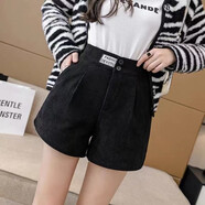 彩木夏加絨加厚燈芯絨休閑短褲女秋冬a字闊腿褲高腰顯瘦百搭靴褲 黑色 M100-110斤