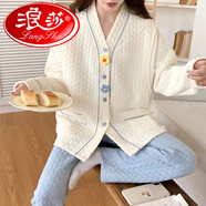 浪莎（LangSha）空氣棉月子服三件套秋冬季產(chǎn)后純棉加厚哺乳孕婦睡衣春秋款懷孕期 【秋冬款】空氣棉V領(lǐng)花朵藍(lán)褲(兩 L 【120-140斤】