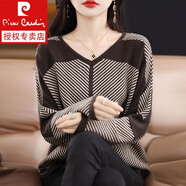 皮爾卡丹（pierre cardin）條紋針織衫女v領(lǐng)毛衣上衣2023秋冬新款拼色蝙蝠衫寬松打底洋氣外 TT0582%23咖色 L 建議115-135斤