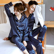 KJ睡衣女情侶睡衣套裝男女款冰絲綢鍛家居服套裝經(jīng)典薄款家居服套裝 032藏青色 L 男碼（100-125斤）