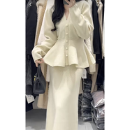 XWDKQ裙子冬季長裙到腳踝溫柔系穿搭女2024新款韓版收腰顯瘦針織毛衣百 白杏色毛衣 S 【建議80-95斤】