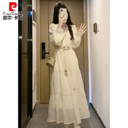 皮爾卡丹（pierre cardin）2025早春新款加絨加厚長裙法復(fù)古溫柔風(fēng)感顯瘦氣質(zhì)連衣裙女 杏色常規(guī)款里布連衣裙 【腰帶】 L