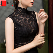 LUCALY新品假領(lǐng)木耳邊大碼2025秋冬高領(lǐng)蕾絲打底衫女修身洋氣無(wú)袖內搭立 黑色 無(wú)袖薄款 M 建議90-100斤
