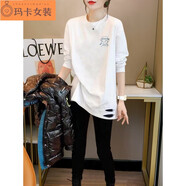 NJTD春天長(cháng)款t恤女遮臀搭配鯊魚(yú)褲芭比褲的上衣長(cháng)袖秋季白色打底衫 破洞款 A29小女孩 L 121至135斤