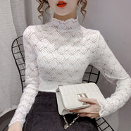 儷纓 半高領(lǐng)磨毛鏤空打底衫女蕾絲衫秋冬新款內搭網(wǎng)紗T恤女長(cháng)袖上衣 白色(常規款） L(建議110-125斤)