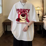 嘉曄草莓熊t恤男款潮牌潮流夏季美式復古半袖體恤五分袖重磅短袖衣服 【1件裝】白色 S 【60-75斤】