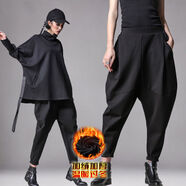 夢(mèng)史怡歐洲站2021春季款女士加絨褲寬松哈倫褲吊襠褲顯瘦款垮褲潮 黑色長(cháng)褲 加絨 XL 135-150斤