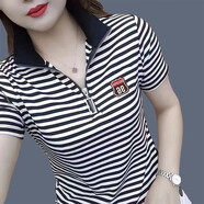 女士t恤短袖夏季2024新款時(shí)尚中年polo衫氣質(zhì)淑女潮流洋氣小衫 拉鏈領(lǐng)條紋黑色 2XL