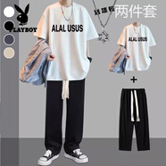 花花公子（PLAYBOY）純棉短袖t恤男套裝2025夏季港風(fēng)搭配帥氣寬松休閑褲男學(xué)生2件套 USUS白+大繩黑褲+項鏈【一整套】 XL【建議115-125斤】