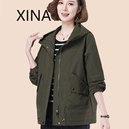 xina 香港潮牌 短外套女2022春裝新款休閑百搭夾克上衣小個(gè)子寬松顯瘦遮肚連帽短款風(fēng)衣 軍綠色 M