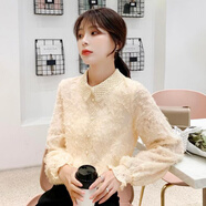 加絨加厚秋冬新款韓版蕾絲拼接娃娃領(lǐng)釘珠雪紡打底衫女上衣 杏色966# M