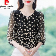 皮爾卡丹（pierre cardin）真絲短袖襯衫女夏季新款寬松顯瘦洋氣減齡漂亮碎花小衫桑蠶絲上衣 黑色《高級感時(shí)尚氣質(zhì)時(shí)髦洋氣女 L 110-120斤