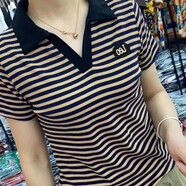 歐妤條紋短袖t恤女v領(lǐng)2025夏季女裝新款韓版百搭休閑體恤女上衣打底衫 卡其色條紋 2XL 建議120-130斤