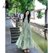鳳蝶兒新品連衣裙子夏天女裝2024年新款韓版海邊度假風沙灘吊帶碎花長裙 綠色連衣裙 M