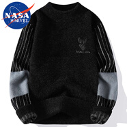 NASA MARVEL針織衫男秋冬仿水貂絨圓領(lǐng)毛衣加厚保暖衛(wèi)衣打底情侶裝 黑色 2XL 
