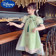 迪士尼（Disney）女童連衣裙夏季2025新款洋氣中國風(fēng)漢服旗袍裙裝女孩公主裙子 綠色娜拉&泡泡袖旗袍裙 110