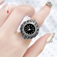 燦典candian戒指手表女指環(huán)時(shí)尚泰銀女學(xué)生手指表戒翻蓋復古個(gè)性小巧迷你電子 款式七水鉆刻度黑色表盤(pán)