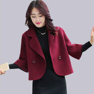 藍駿啟春秋裝新款韓版女裝OL毛呢短外套時(shí)尚西服修身短款呢子小西裝 酒紅色 L
