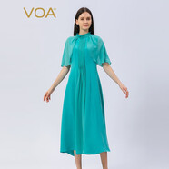 VOA真絲30姆米重磅撞料拼接綁帶設計木耳邊淑女桑蠶絲連衣裙 AE1160 莫吉托藍(A85) M