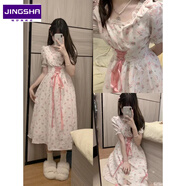 鏡莎女生裙子夏天學(xué)生2023新款碎花蝴蝶結(jié)高腰顯瘦綁帶中長款連衣裙女 粉色 均碼【可備注碼數(shù)】
