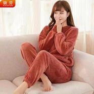驍芬暖暖套裝冬加厚睡衣女長袖珊瑚絨保暖寬松休閑大碼家居服外穿 果醬紅(褲子＋上衣) 均碼【適合80-145斤】