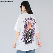 木村三社（MuCunSanShe）操縱手印花上衣青少年男士短袖t恤男純棉透氣白色五分袖 白色 L