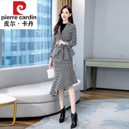 皮爾卡丹高檔品牌女裝毛呢西裝魚尾裙套裝女2022秋冬新款輕熟氣質(zhì)顯瘦洋氣包臀裙兩件套套裝 黑白格 M
