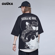古由卡GUUKA潮牌黑色短袖T恤男夏學(xué)生嘻哈后背宇航員印花運(yùn)動(dòng)五分袖寬松 黑色 S