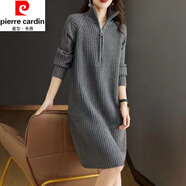 皮爾卡丹（pierre cardin）高領(lǐng)針織連衣裙女秋冬季新款拉鏈中長(zhǎng)款過(guò)膝毛衣連衣裙加厚打底衫 灰色 2XL