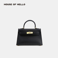 HOUSE OF HELLO品牌包包單肩包百搭女包二代mini凱莉包牛皮輕奢女包斜挎惡搞包包 20寸經(jīng)典黑金扣升級蠟線