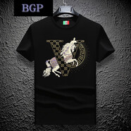 BGP歐美風(fēng)潮牌2024夏季新款圓領(lǐng)燙鉆戰(zhàn)馬短袖時尚潮流修身T恤彈力男 黑色 4XL
