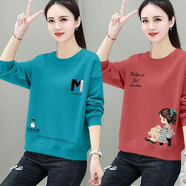 尚濤衛衣女春秋女裝新款圓領(lǐng)長(cháng)袖t恤韓版寬松休閑套頭打底衫上衣 湖藍色M字母+磚紅色板凳女孩 M 建議80-100斤