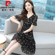 皮爾卡丹（pierre cardin）碎花雪紡連衣裙子女2023年新款夏季短袖v領(lǐng)小個(gè)子中長(cháng)裙顯瘦 黃色 XL (120-130斤)