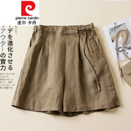 皮爾卡丹（pierre cardin）純色亞麻闊腿短褲女夏季薄款垂感系帶顯瘦休閑褲百搭棉麻字熱褲針 卡其色 L 【105-115斤】