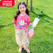 樂(lè )芭鼠童裝女童套裝夏季兒童套裝女寶寶短袖褲子兩件套嬰幼兒女小童衣服 粉色（星星兔長(cháng)褲套裝） 120碼  建議5-6歲 (身高115左右)