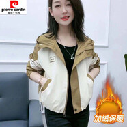 皮爾卡丹秋冬新款撞色拼接沖鋒衣外套女短款小個(gè)子連帽女裝上衣時(shí)尚潮 咖綠色加絨款 M【建議100斤內】