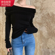 確彤純欲小心ji一字肩針織打底衫女春秋季加厚毛衣設(shè)計(jì)感長袖別致上衣 一字肩毛衣-百搭黑 XL 建議115-斤至130斤