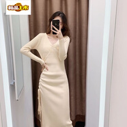 初徑針織連衣裙女2025秋冬港味氣質(zhì)交叉V領(lǐng)系帶修身顯瘦打底毛線裙子 杏色開叉 L【建議105-115斤】
