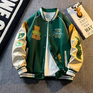 軒萊雅美式潮牌棒球服男春秋季情侶bf刺繡夾克男復(fù)古寬松機(jī)車休閑外套男 綠色 XL