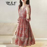 妍莉芬 2023年夏季短袖新款連衣裙女裝中長(zhǎng)款蕾絲網(wǎng)紗韓版顯瘦裙子夏天 紅色 S