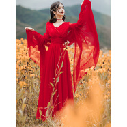 凱安尼（KAIANNI）沙灘裙度假網(wǎng)紅沙漠拍照飄逸長裙大西北青海湖旅游衣服女超仙雪紡 中國紅（帶披肩） M