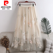 皮爾卡丹品牌高檔女裝夏季a型松緊腰雙層網(wǎng)紗裙碎花刺繡中長(zhǎng)款半身裙大號(hào)女紗裙氣質(zhì)減齡 杏色 均碼【80-140斤】