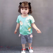 潮牌豬女童夏裝套裝女寶寶夏天短袖褲子衣服洋氣女童裝夏季小孩套裝韓版 綠色 XT 娃娃短袖套裝 90 cm【適合20-25斤】