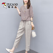 啄木鳥(niǎo)棉麻套裝女2025夏裝新款女裝韓版條紋上衣九分褲休閑兩件套套裝褲 圖片色 套裝 M