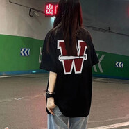 嬌茹妮 美式復古純棉短袖t恤女2023新款夏情侶歐美寬松酷女孩上衣設計感 黑色（高品質100%純棉） 3XL