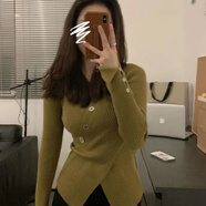 歌班婭秋冬2022新款洋氣設計感小眾不規(guī)則顯瘦修身打底針織衫V領毛衣女 A02橄欖綠 均碼 彈力建議75-120斤
