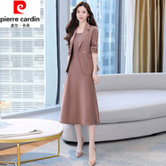 皮爾卡丹（pierre cardin）連衣裙女春秋季新款氣質(zhì)名媛精致闊太太西裝貴夫人品牌套裝裙子 咖啡棕(兩件件一套) XL 【適合116-125斤】