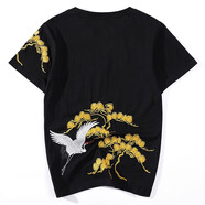 簡拓 2022夏季新品薄款中國風(fēng)刺繡仙鶴純棉短袖T恤 學(xué)生情侶裝體恤男大碼半袖衫 2011黑色 XL碼(140-160斤)